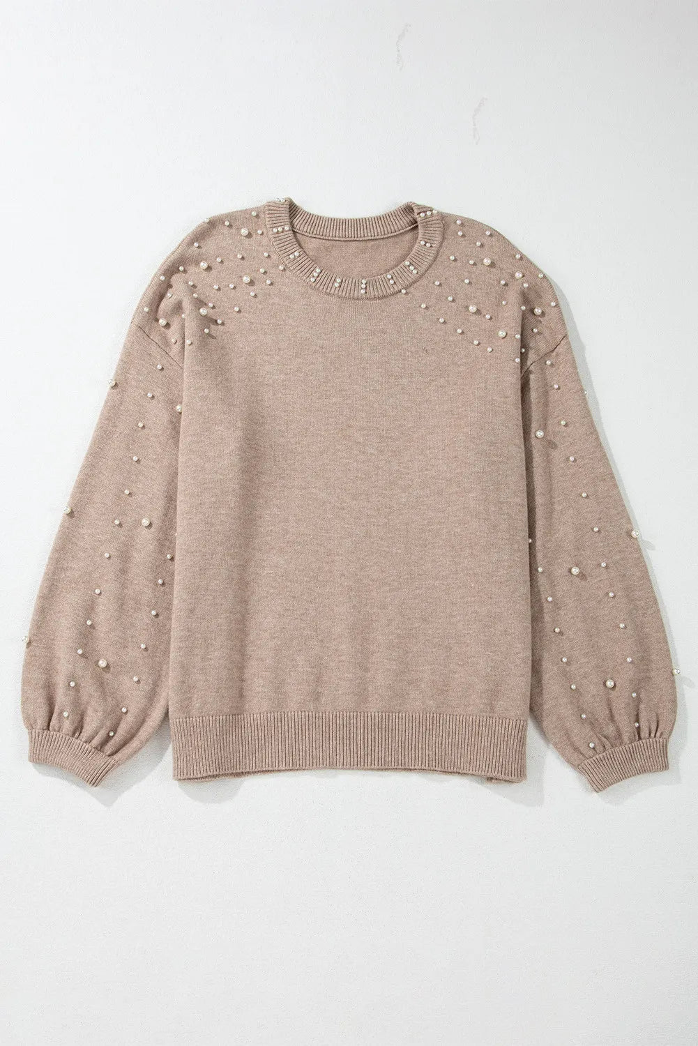 Plus Size Pearl Detail Round Neck Long Sleeve Sweater-Angel Casuals