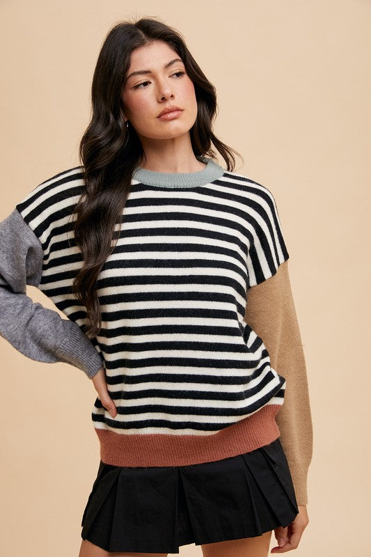 Annie Wear Striped Color Block Round Neck Sweater-Angel Casuals