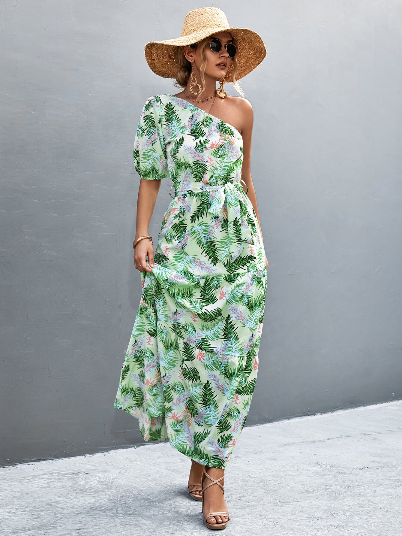 Printed Tie Waist One Shoulder Maxi Dress-Angel Casuals