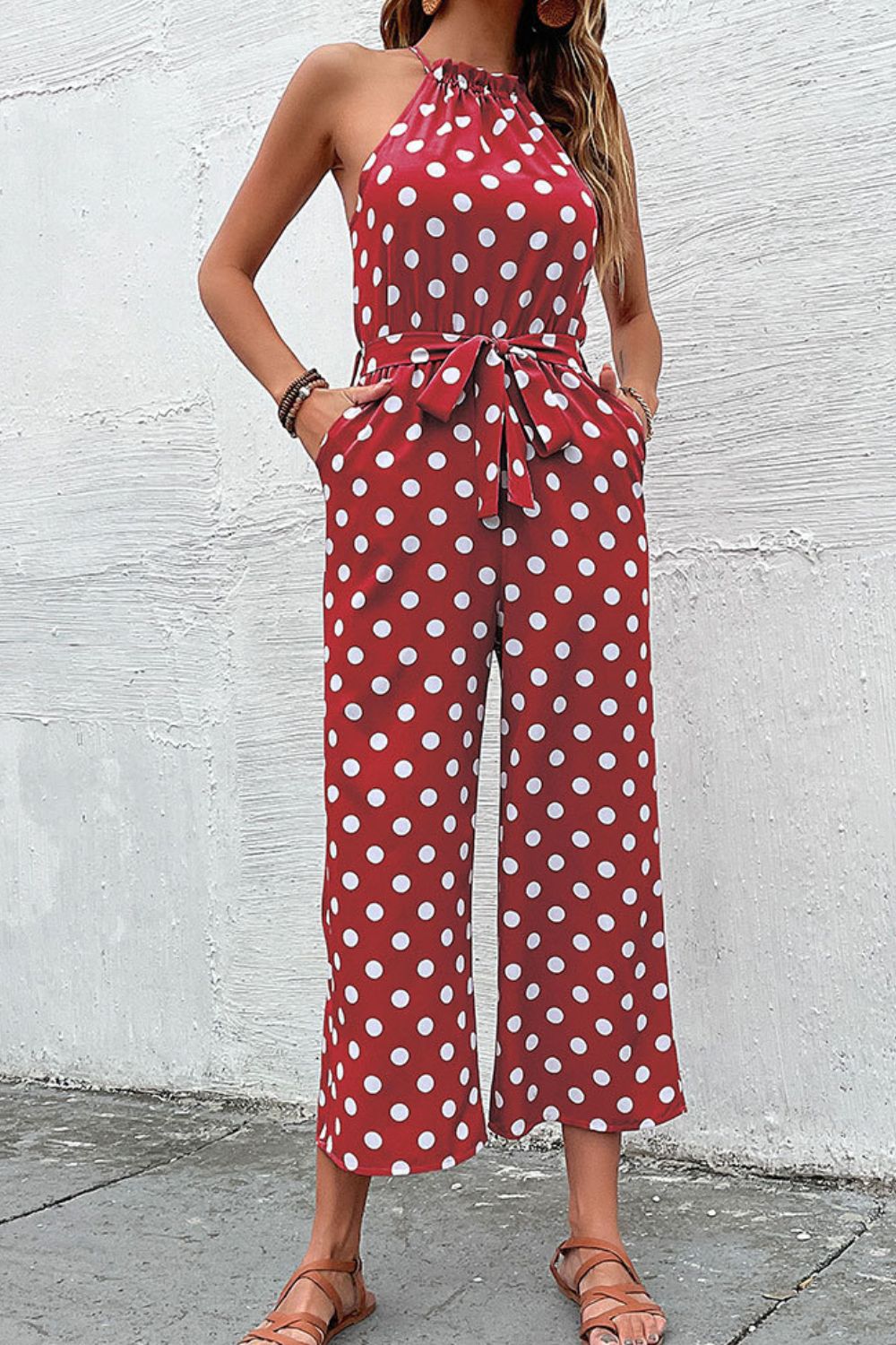 Polka Dot Grecian Wide Leg Jumpsuit-Angel Casuals