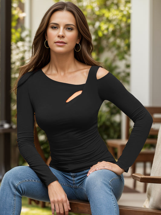 Cutout Asymmetrical Neck Long Sleeve T-Shirt-Angel Casuals