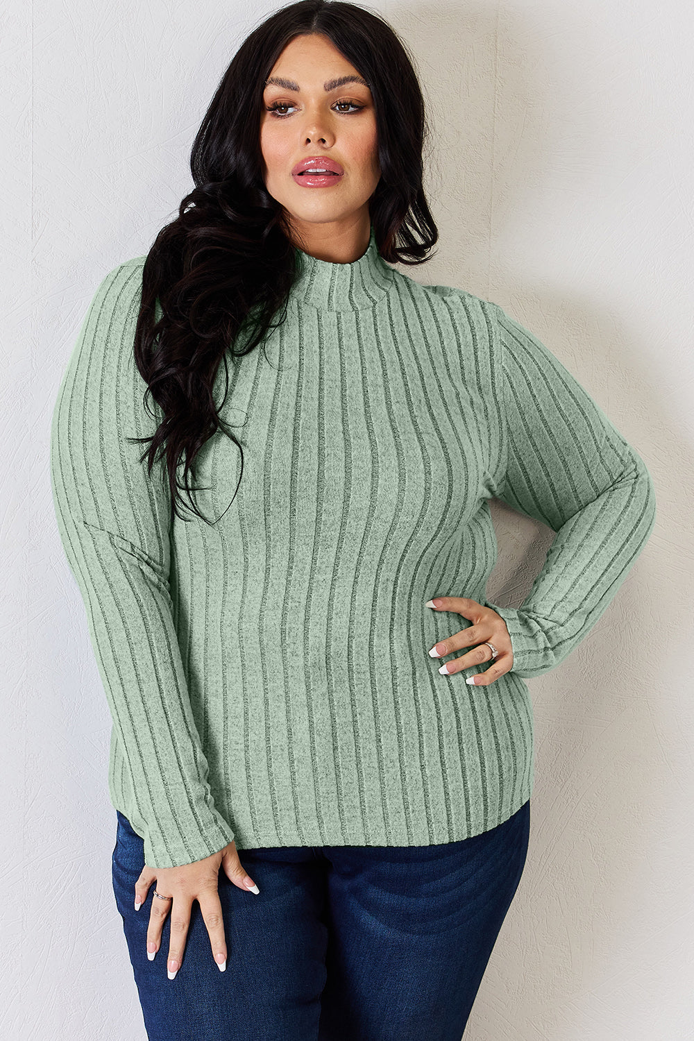 Basic Bae Full Size Ribbed Mock Neck Long Sleeve T-Shirt-Angel Casuals