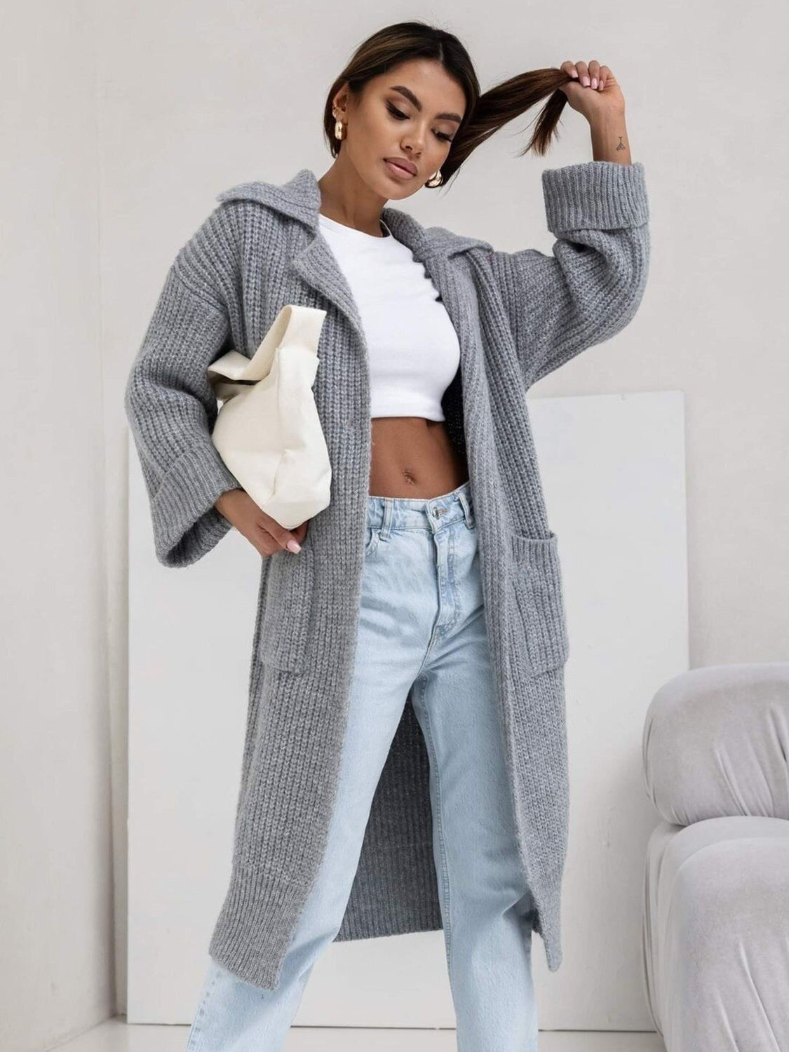 Pocketed Collared Neck Dropped Shoulder Cardigan-Angel Casuals