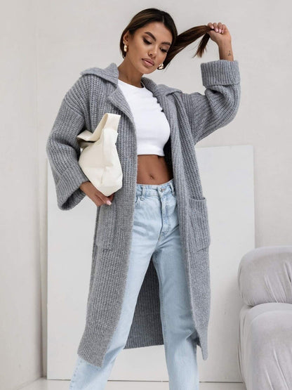 Pocketed Collared Neck Dropped Shoulder Cardigan-Angel Casuals