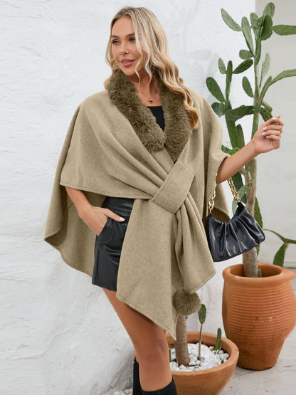 Fuzzy Trim Open Front Poncho-Angel Casuals