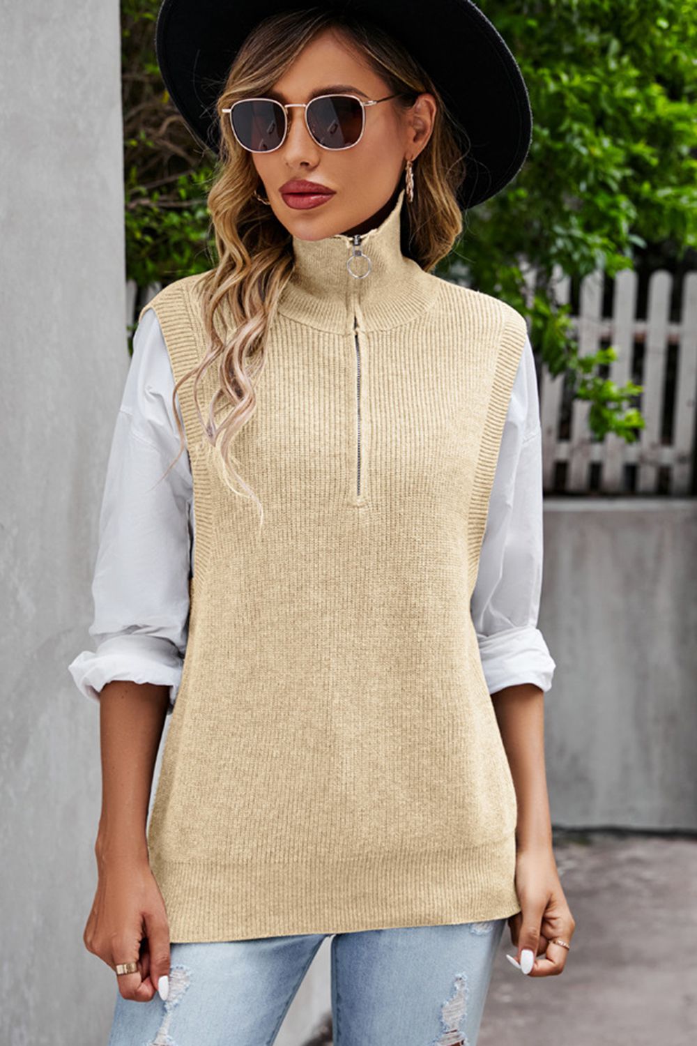 Quarter-Zip Ribbed Sweater Vest-Angel Casuals