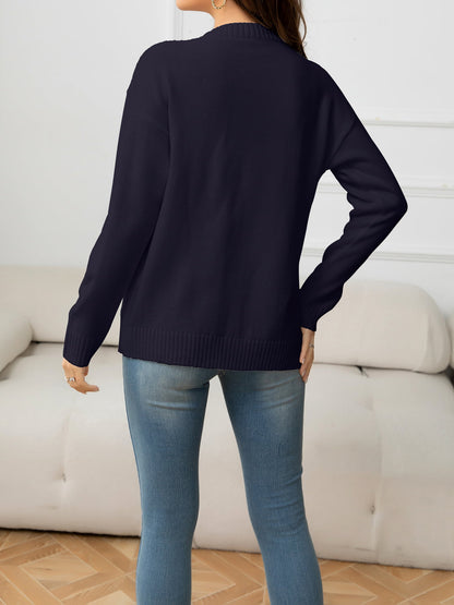 V-Neck Long Sleeve Buttoned Knit Top with Pocket-Angel Casuals