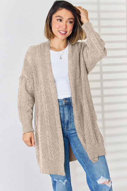 Cable-Knit Open Front Dropped Shoulder Cardigan-Angel Casuals
