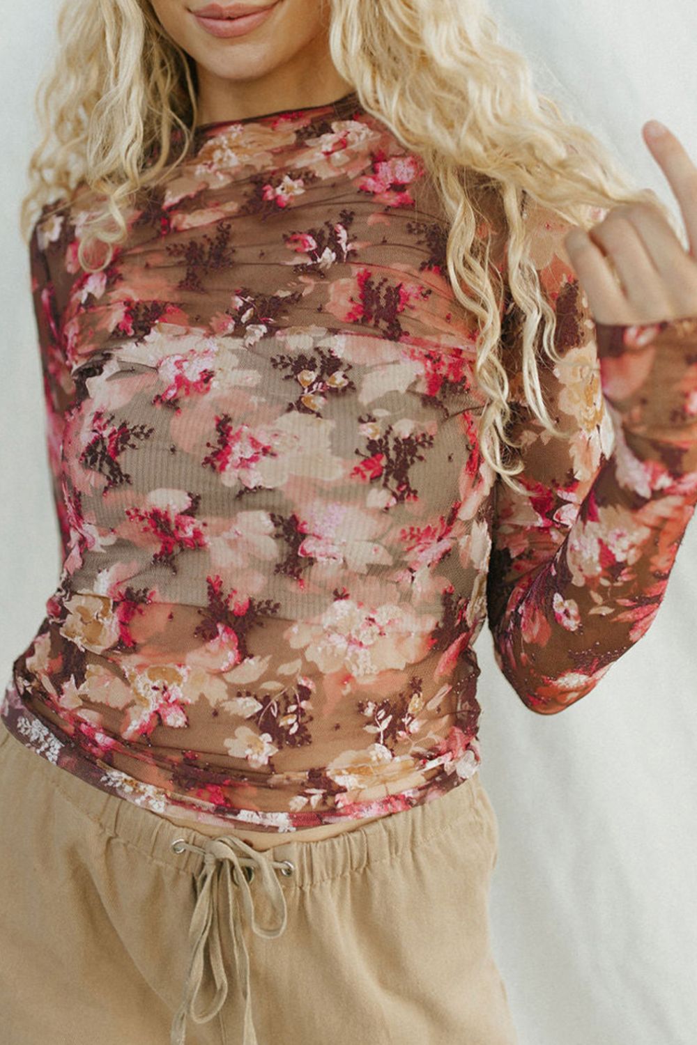Floral Mock Neck Long Sleeve Sheer Top-Angel Casuals
