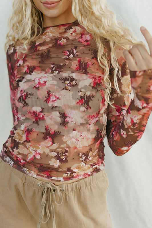 Floral Mock Neck Long Sleeve Sheer Top-Angel Casuals