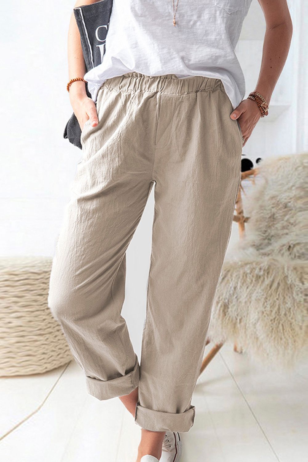 Paperbag Waist Pull-On Pants with Pockets-Angel Casuals