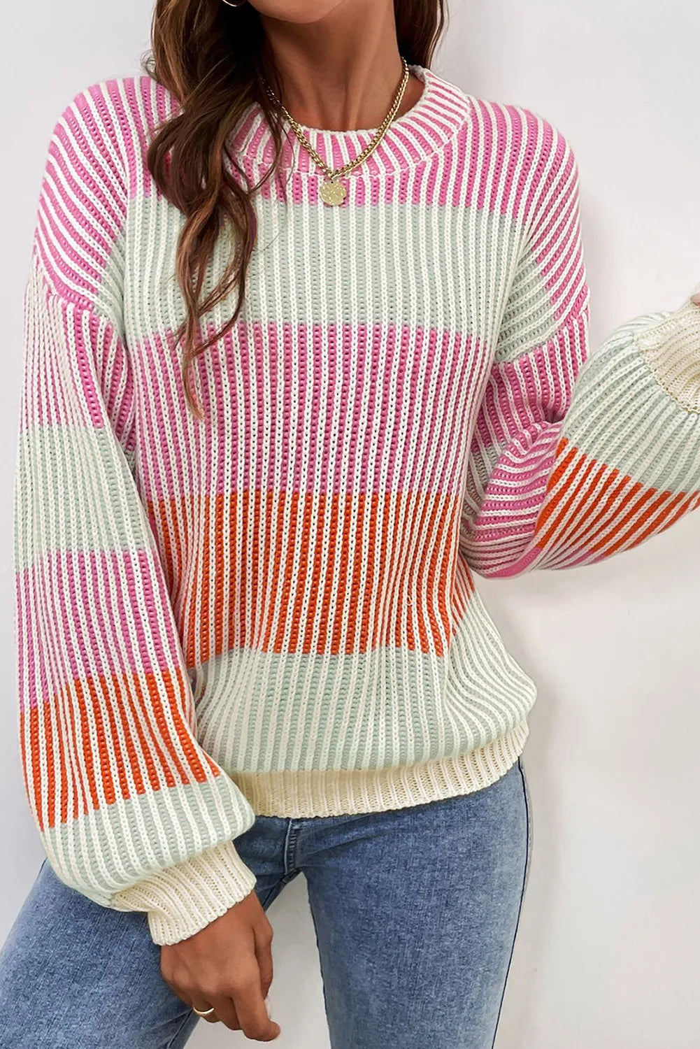 Striped Color Block Round Neck Long Sleeve Sweater-Angel Casuals