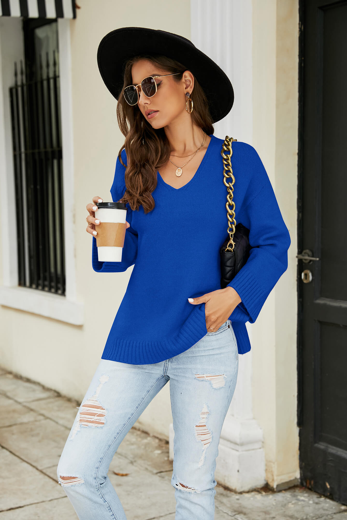 Drop Shoulder V-Neck Knit Pullover-Angel Casuals