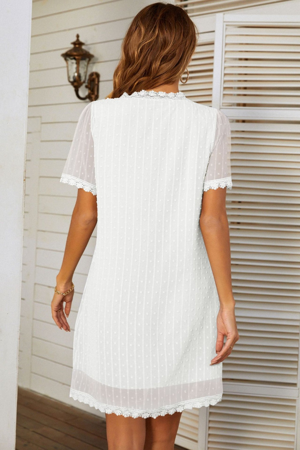 Lace Detail V-Neck Short Sleeve Dress-Angel Casuals