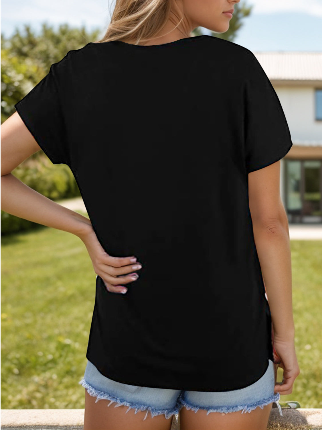 Pocketed Heathered V-Neck Short Sleeve T-Shirt-Angel Casuals