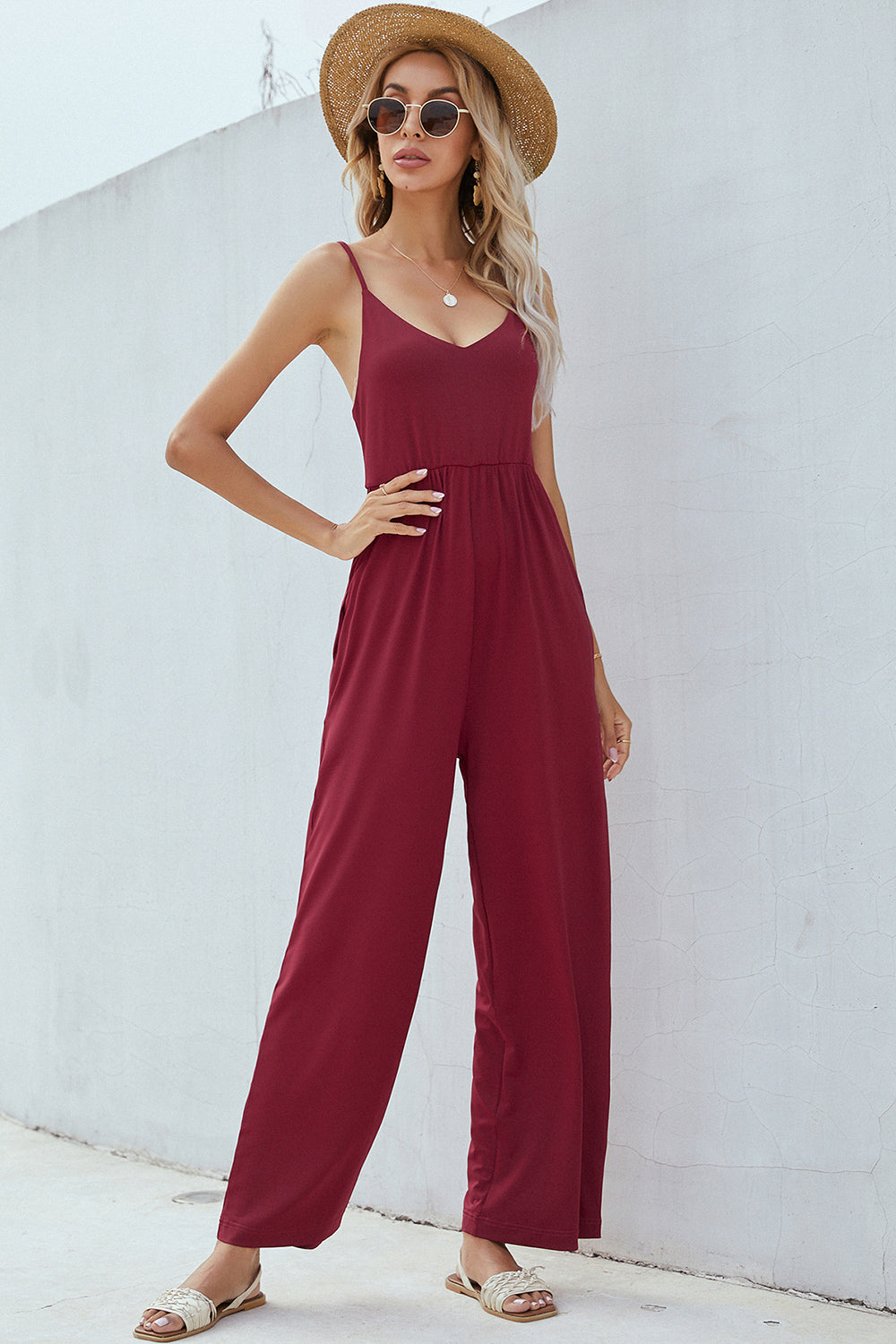 V-Neck Spaghetti Strap Wide Leg Jumpsuit-Angel Casuals