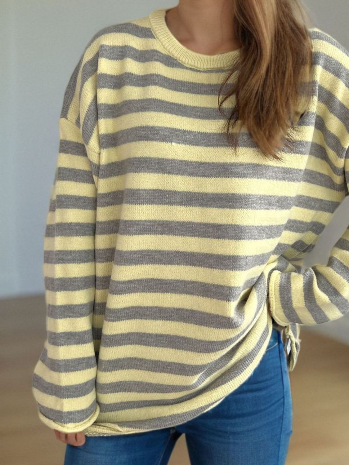 Distressed Striped Round Neck Long Sleeve Sweater-Angel Casuals