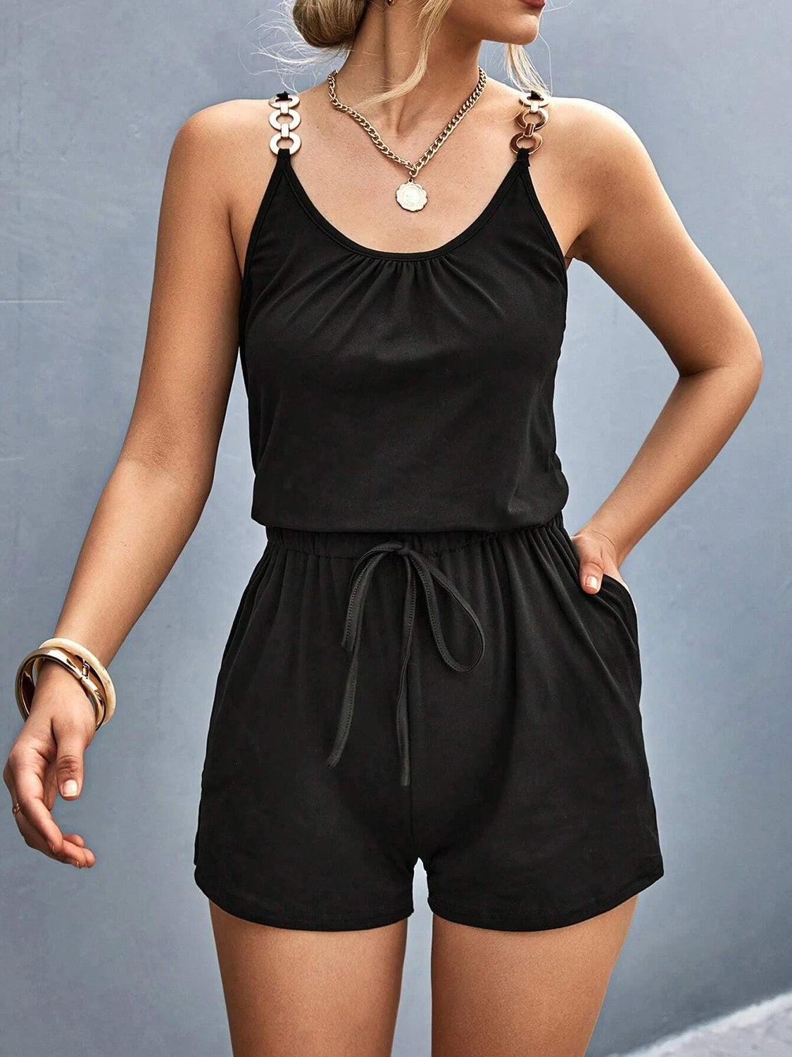 Pocketed Buckle Trim Scoop Neck Romper-Angel Casuals