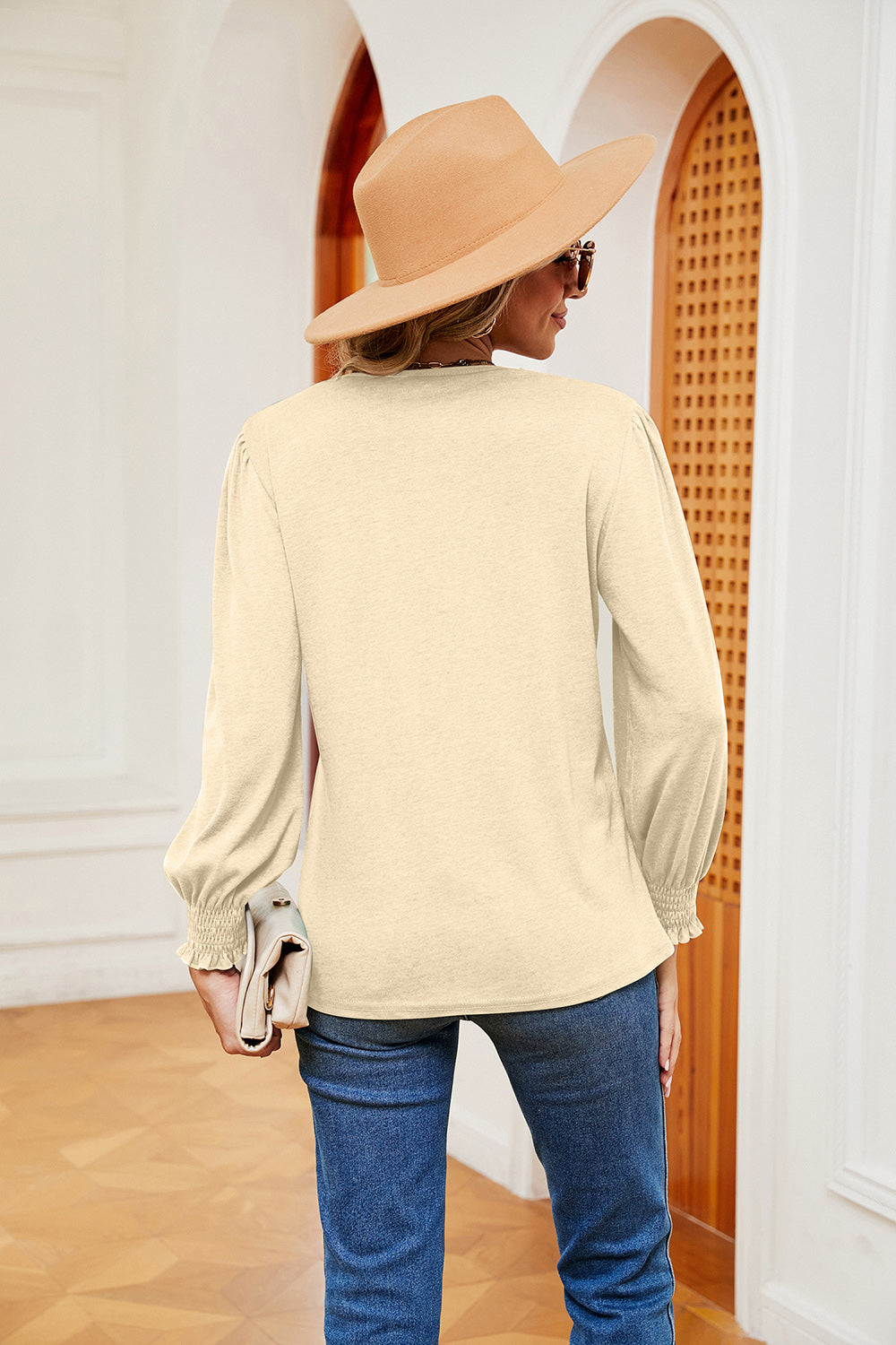 Contrast V-Neck Long Sleeve Top-Angel Casuals