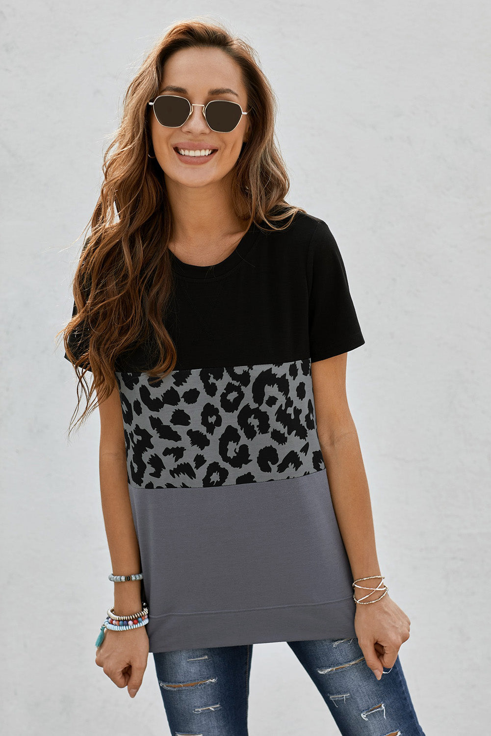 Leopard Print Color Block Short Sleeve T-Shirt-Angel Casuals