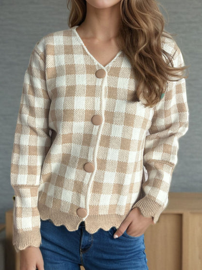 Plaid V-Neck Button Up Cardigan-Angel Casuals