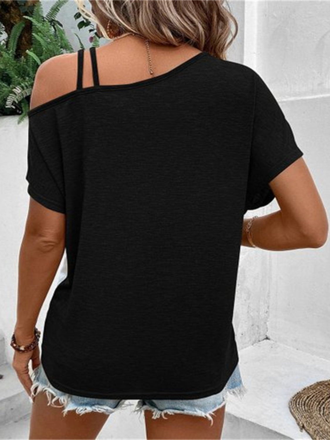 Contrast Asymmetrical Neck Short Sleeve T-Shirt-Angel Casuals