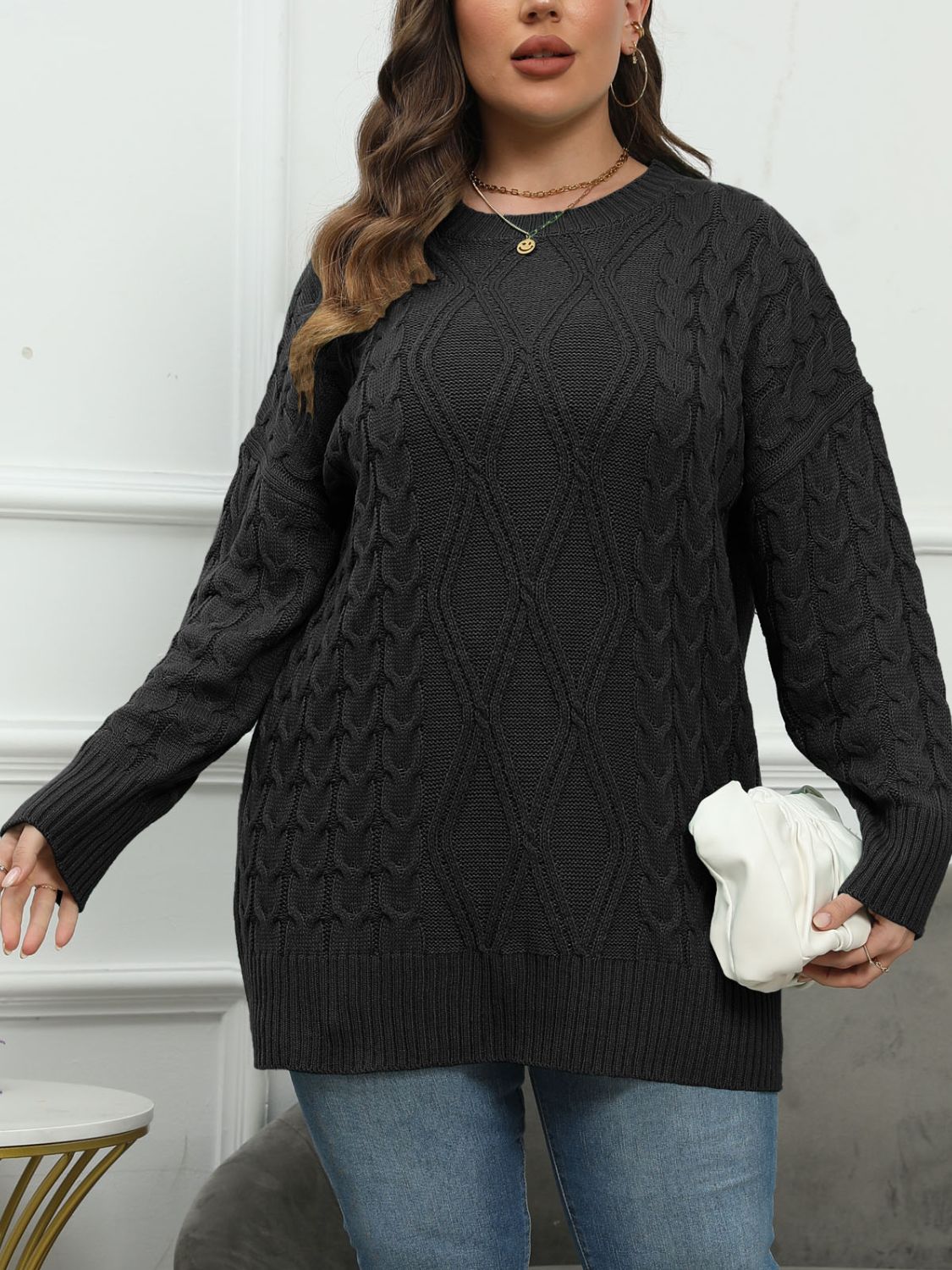 Plus Size Round Neck Long Sleeve Sweater-Angel Casuals