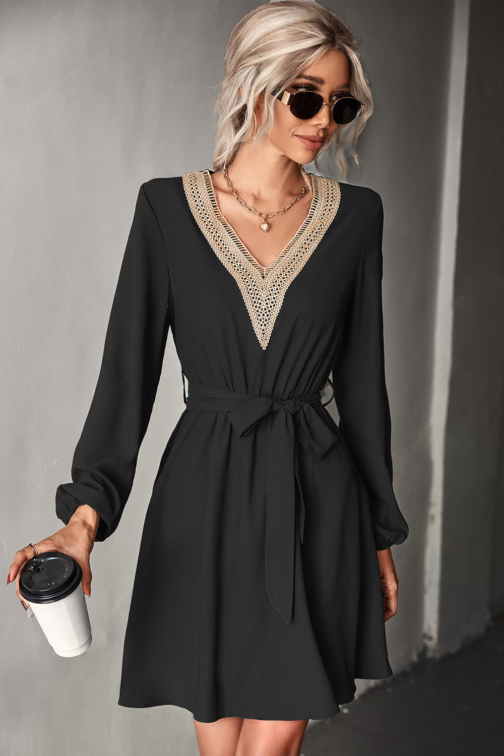 Contrast V-Neck Belted Dress-Angel Casuals