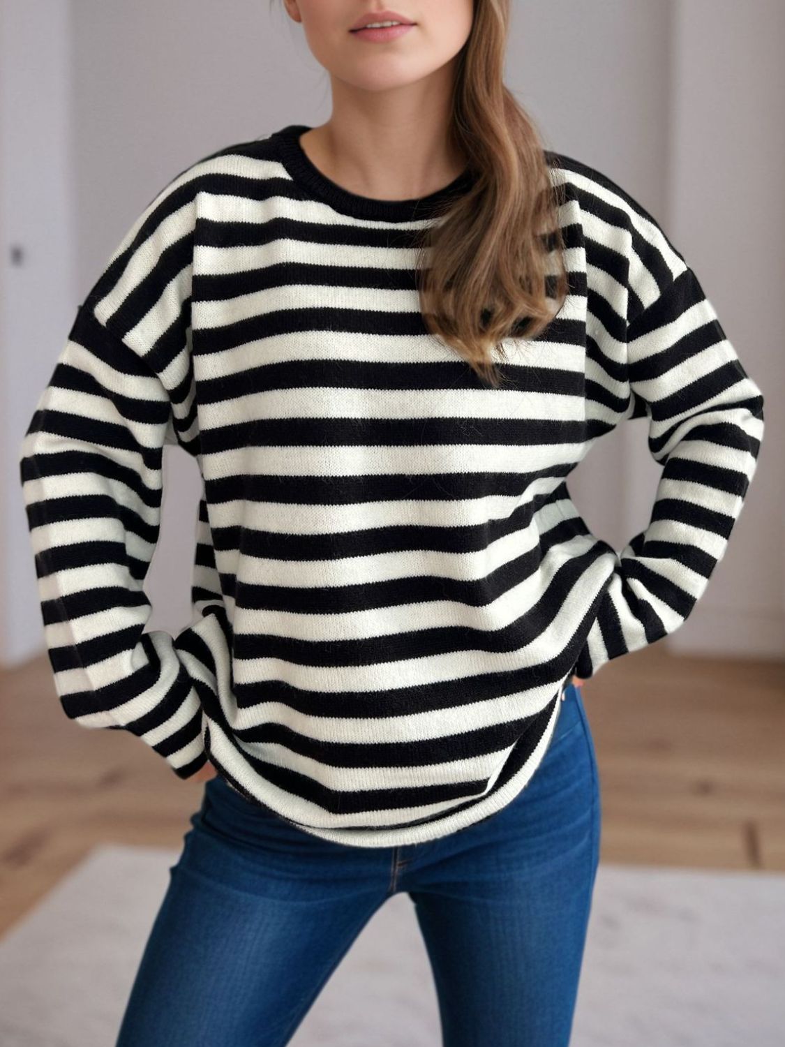 Distressed Striped Round Neck Long Sleeve Sweater-Angel Casuals