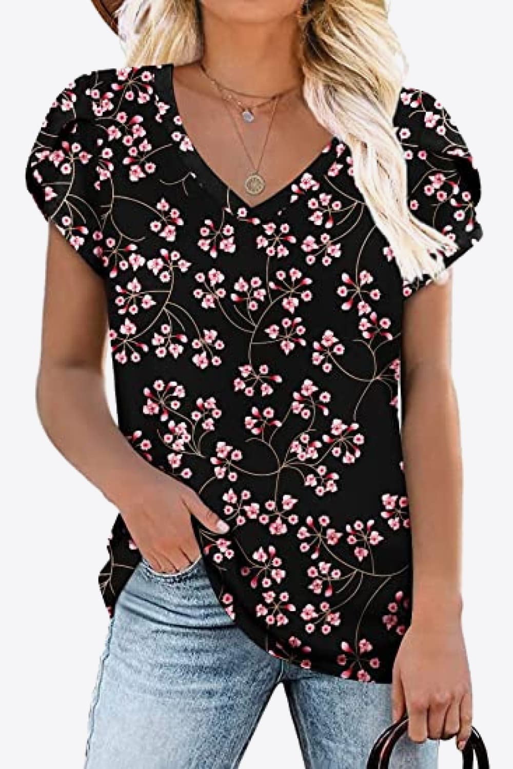 Printed Petal Sleeve V-Neck Blouse-Angel Casuals