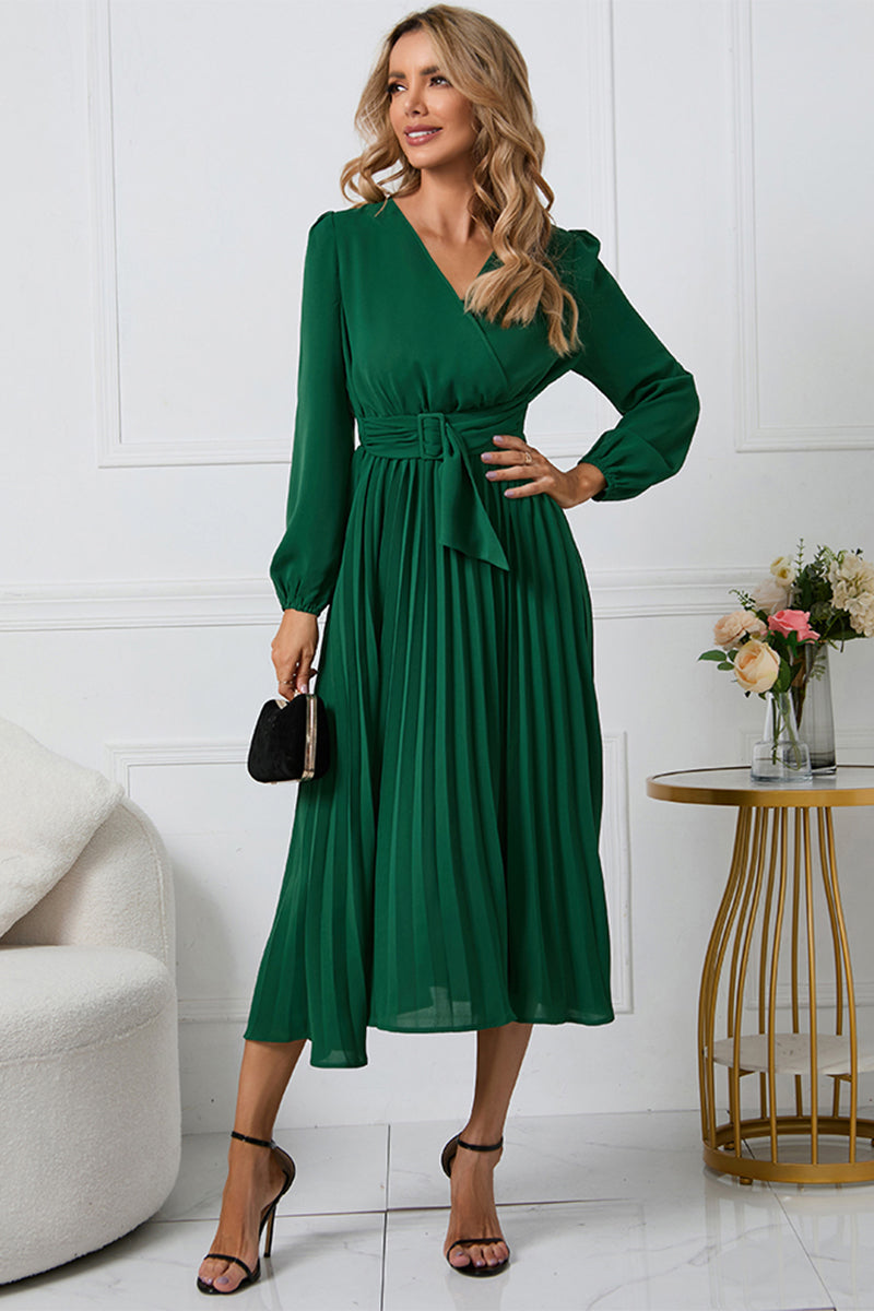 V-Neck Long Sleeve Tie Waist Midi Dress-Angel Casuals