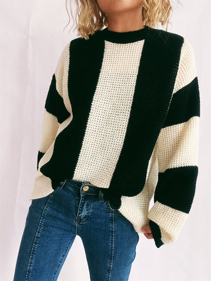 Color Block Round Neck Long Sleeve Sweater-Angel Casuals