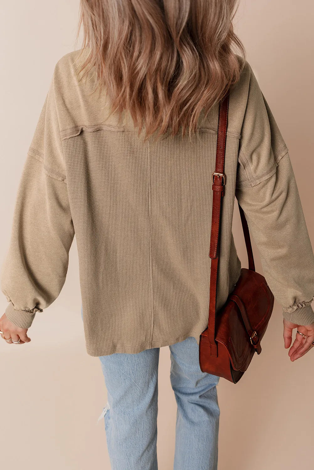 Waffle-Knit Collared Neck Long Sleeve Shacket-Angel Casuals