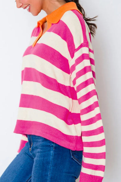 Contrast Stripes Johnny Collar Long Sleeve Sweater-Angel Casuals