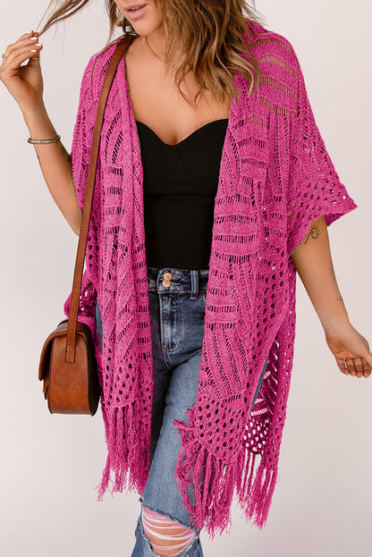 Openwork Open Front Cardigan with Fringes-Angel Casuals