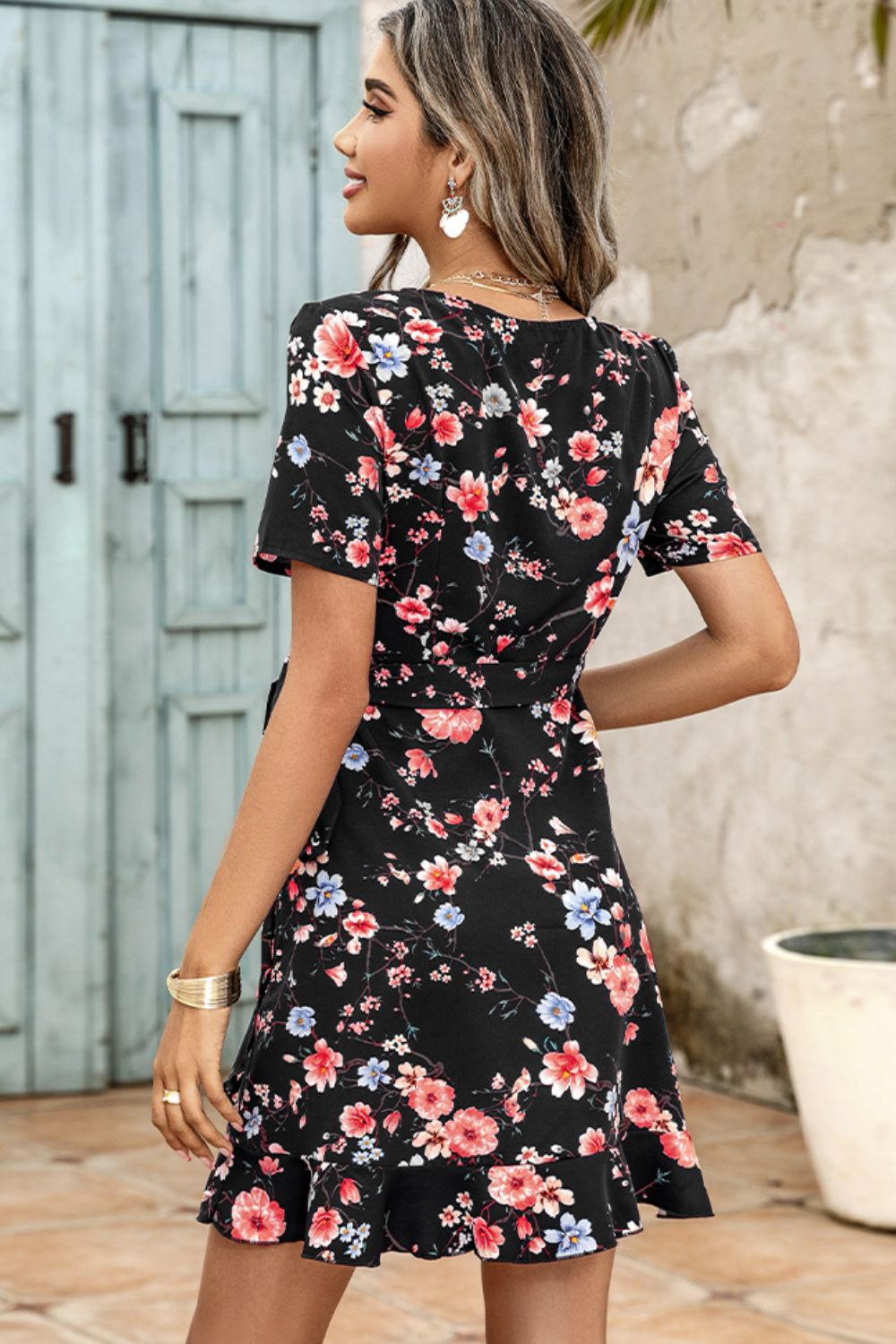 Floral Tied Ruffle Hem Surplice Dress-Angel Casuals