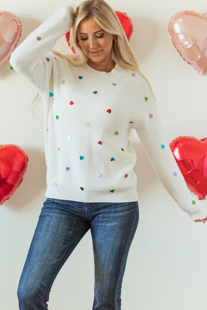 Heart Sequin Round Neck Long Sleeve Sweater-Angel Casuals