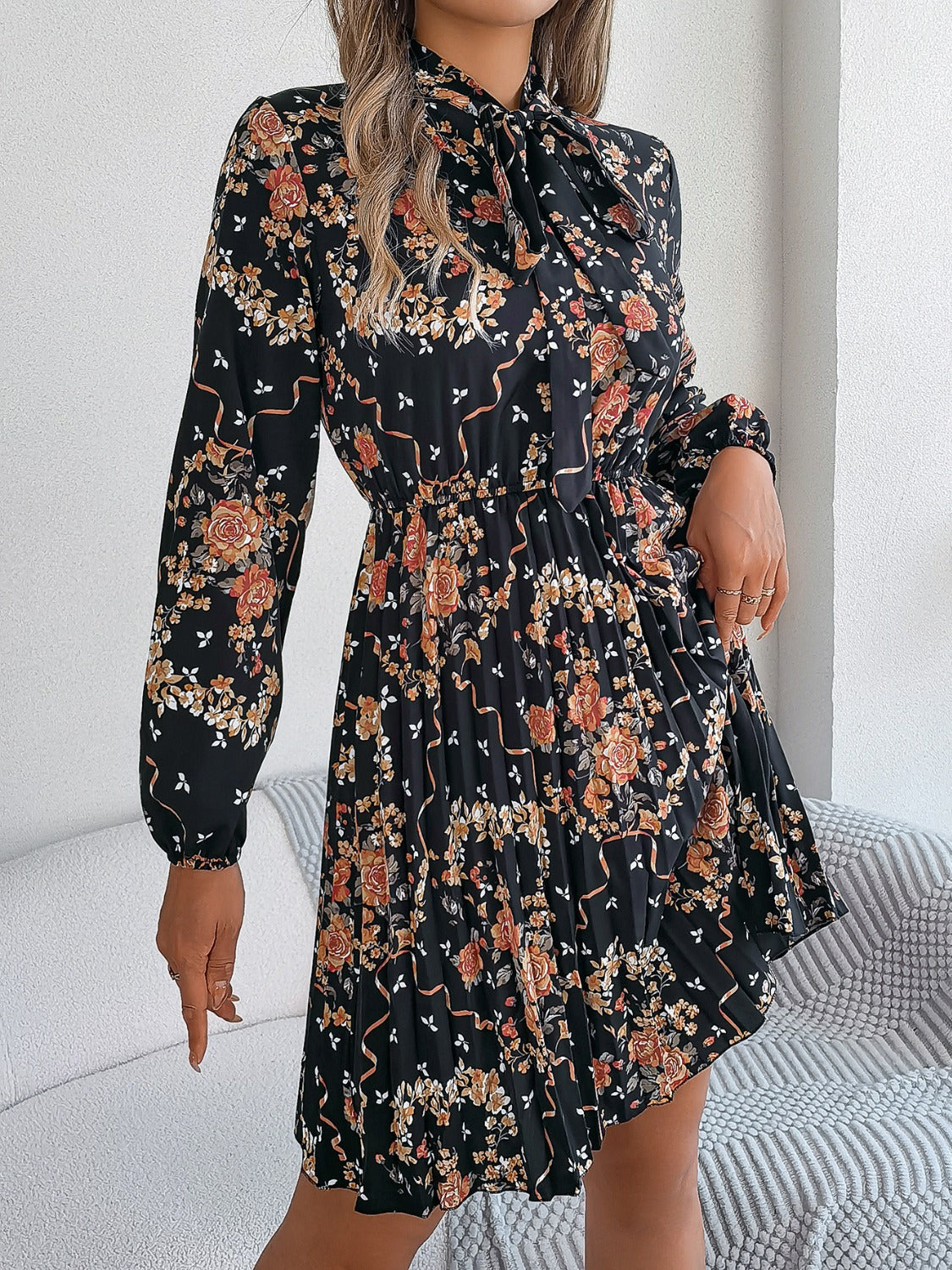 Pleated Printed Tie Neck Long Sleeve Dress-Angel Casuals