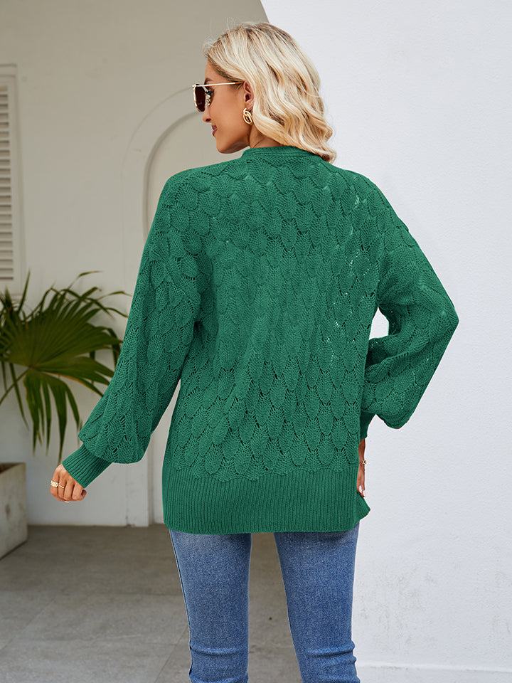 Openwork Open Front Lantern Sleeve Cardigan-Angel Casuals