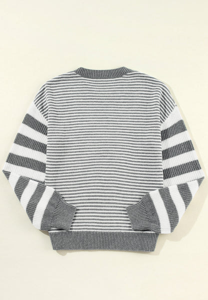 Striped Round Neck Dropped Shoulder Sweater-Angel Casuals