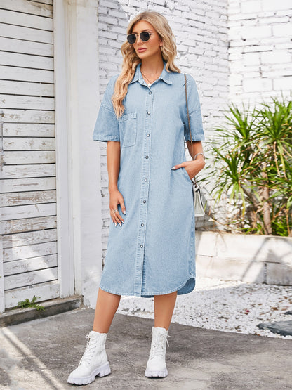 Button Up Dropped Shoulder Denim Dress-Angel Casuals