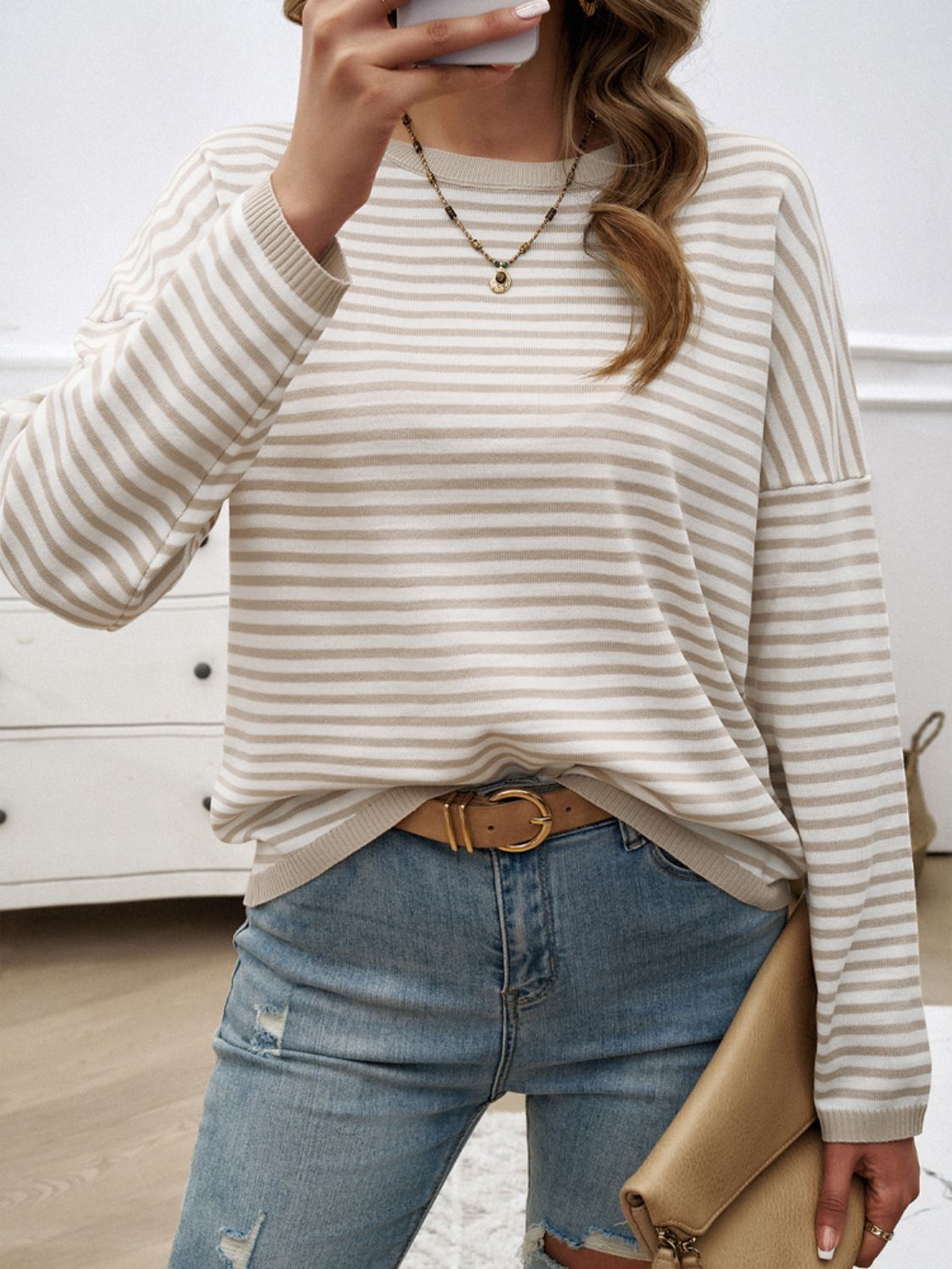 Devine Striped Round Neck Dropped Shoulder Sweater-Angel Casuals