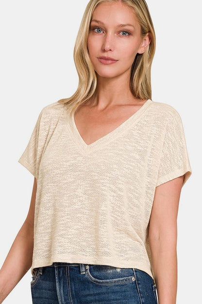 Zenana V-Neck Short Sleeve Crop T-Shirt-Angel Casuals