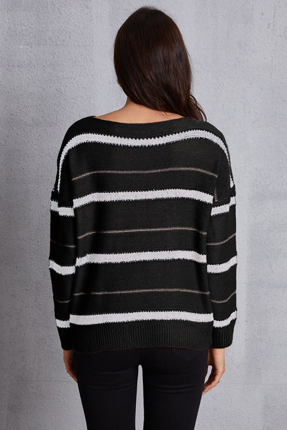 Striped Round Neck Dropped Shoulder Sweater-Angel Casuals
