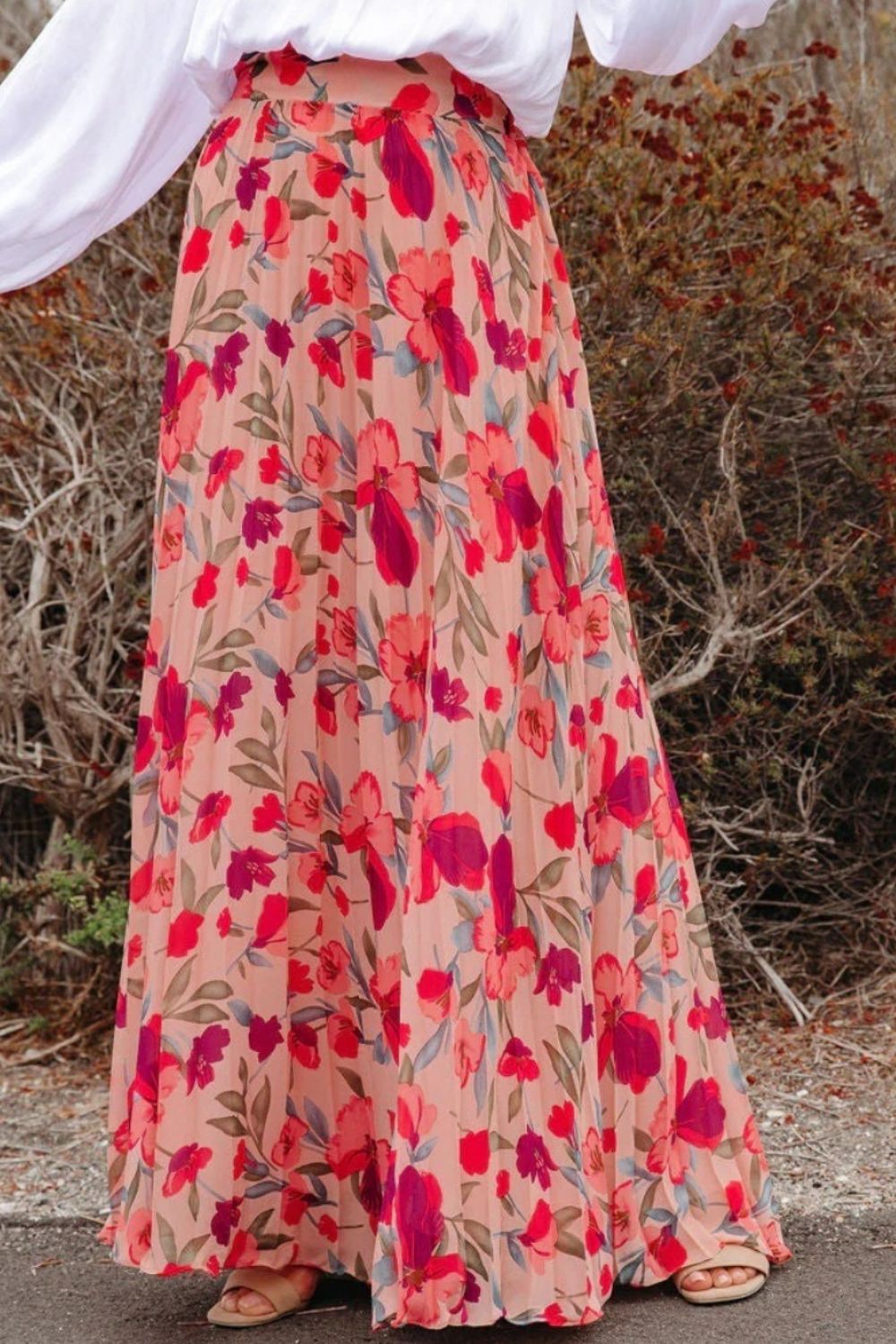 Printed Elastic Waist Pleated Maxi Skirt-Angel Casuals