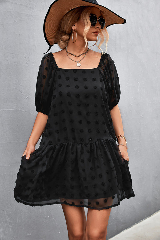 Swiss Dot Square Neck Half Balloon Sleeve Dress-Angel Casuals