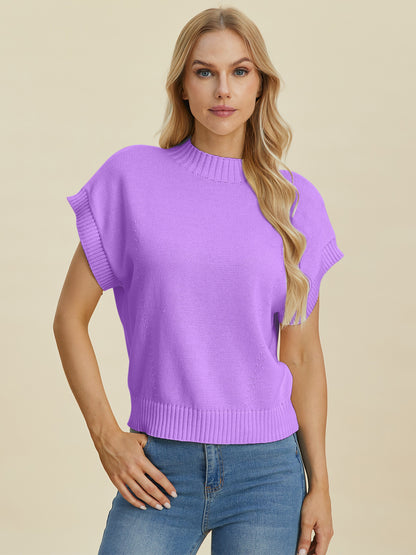 Double Take Full Size Mock Neck Short Sleeve Sweater-Angel Casuals