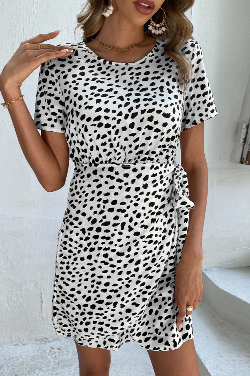 Animal Print Belted Keyhole Round Neck Dress-Angel Casuals