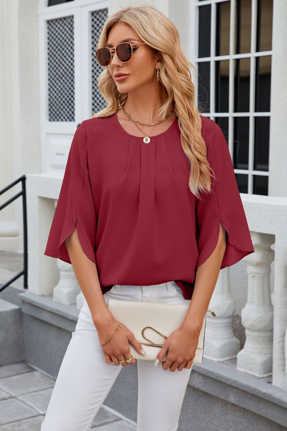 Round Neck Slit Half Sleeve Top-Angel Casuals