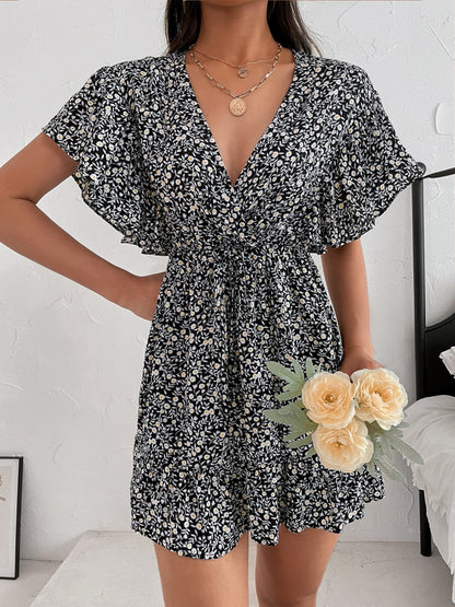 Cutout Ditsy Floral Surplice Flounce Sleeve Dress-Angel Casuals